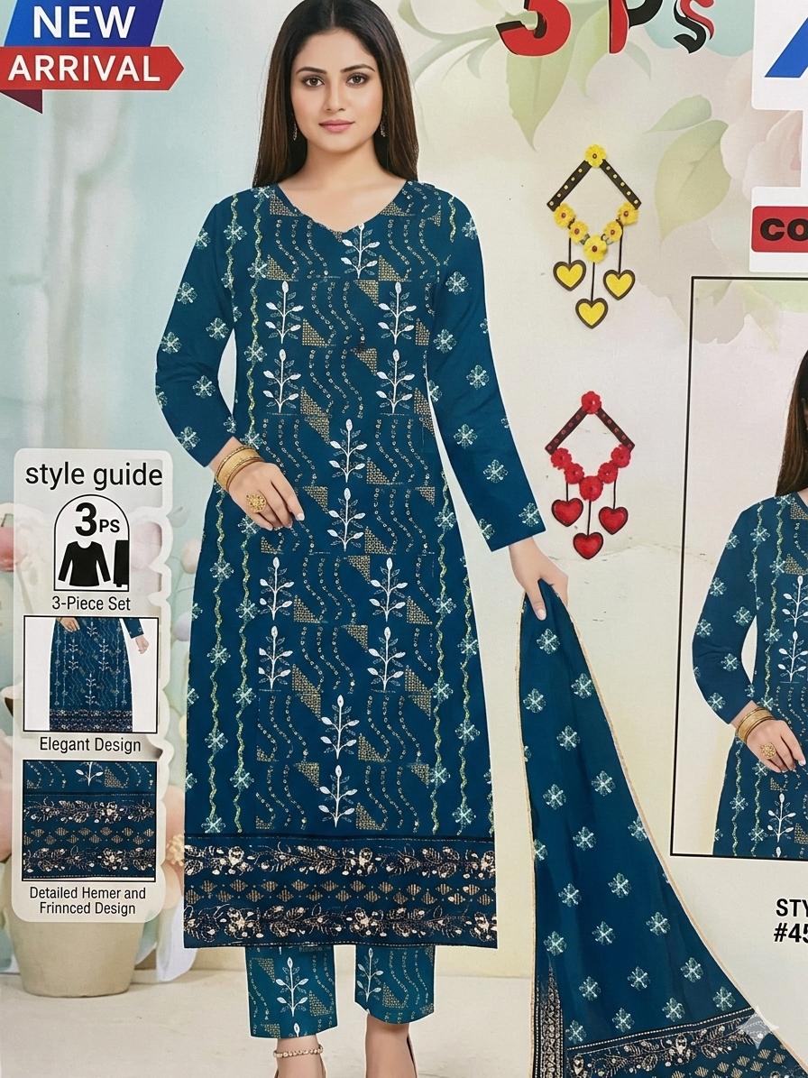 ladyline Womens Pure Cotton Salwar Kameez Suit Set with Traditional Ikkat Print | 3-Piece Kurta Pants Dupatta Set